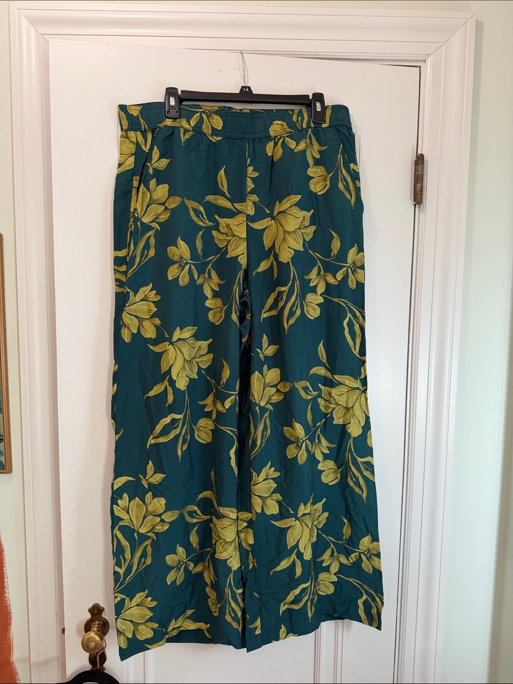 Counterparts Teal Wide-Leg Pants with Green Floral Design